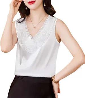 Women's Office Tank Tops Spring Summer Camisole Sleeveless Silk Satin Lace Vest
