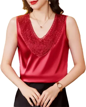 Women's Office Tank Tops Spring Summer Camisole Sleeveless Silk Satin Lace Vest