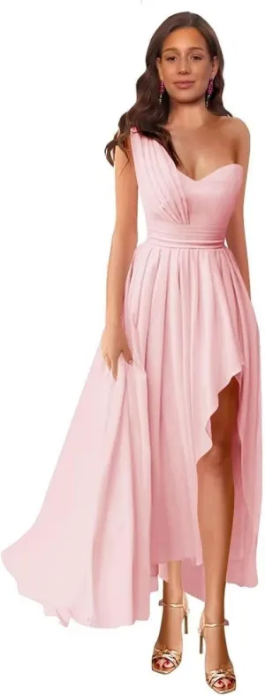 Women's One Shoulder Bridesmaid Dresses High Low Chiffon Formal Evening Gowns with Slit