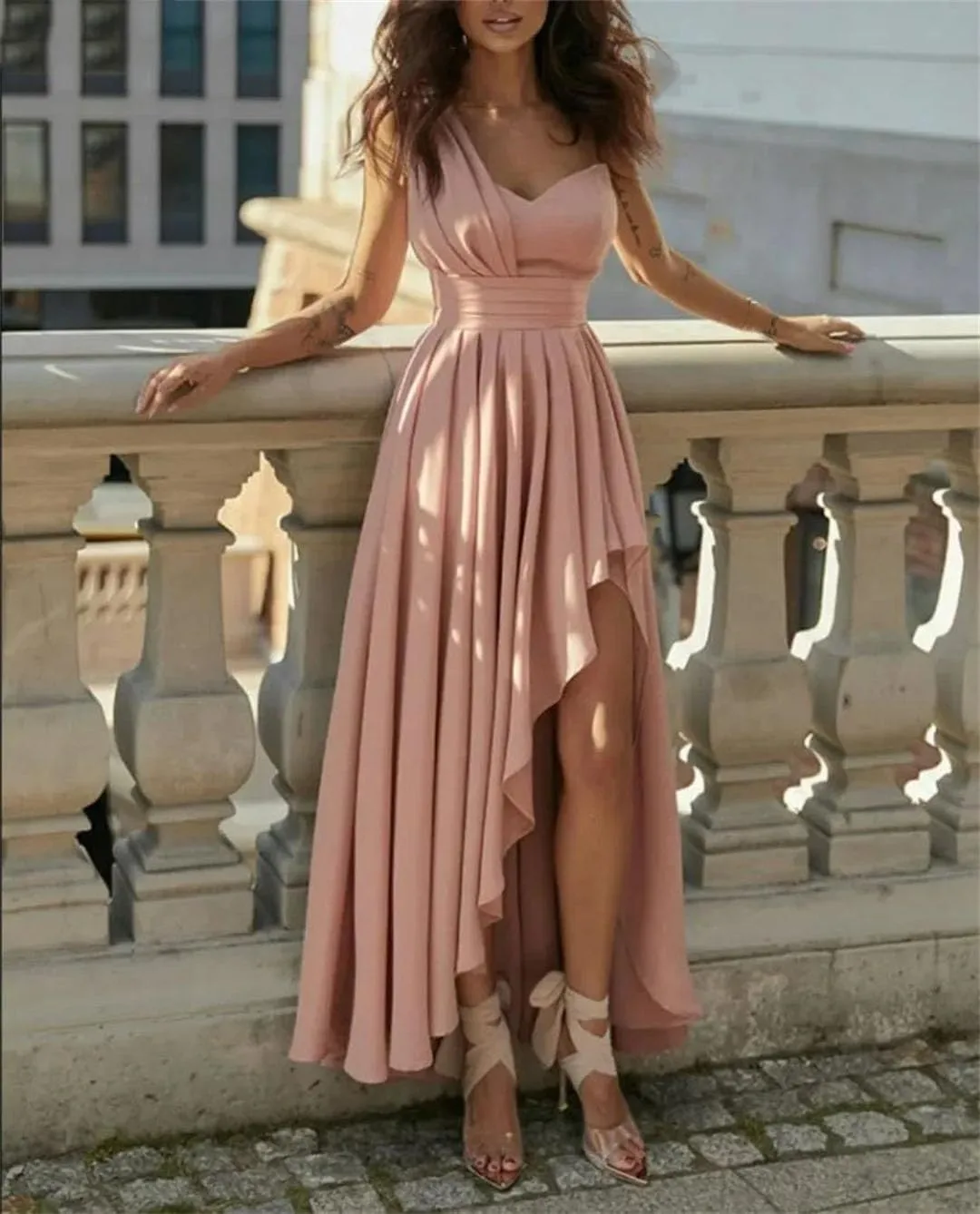 Women's One Shoulder Bridesmaid Dresses High Low Chiffon Formal Evening Gowns with Slit