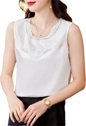 Women's Round Neck Camisole Shirt Summer Tank Tops Patchwork Sleeveless Silk Satin Lace Vest