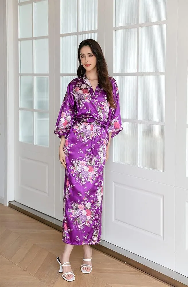 Women's Satin Kimono Robes, Bathrobes, Pajamas, Loungewear - Floral Pattern