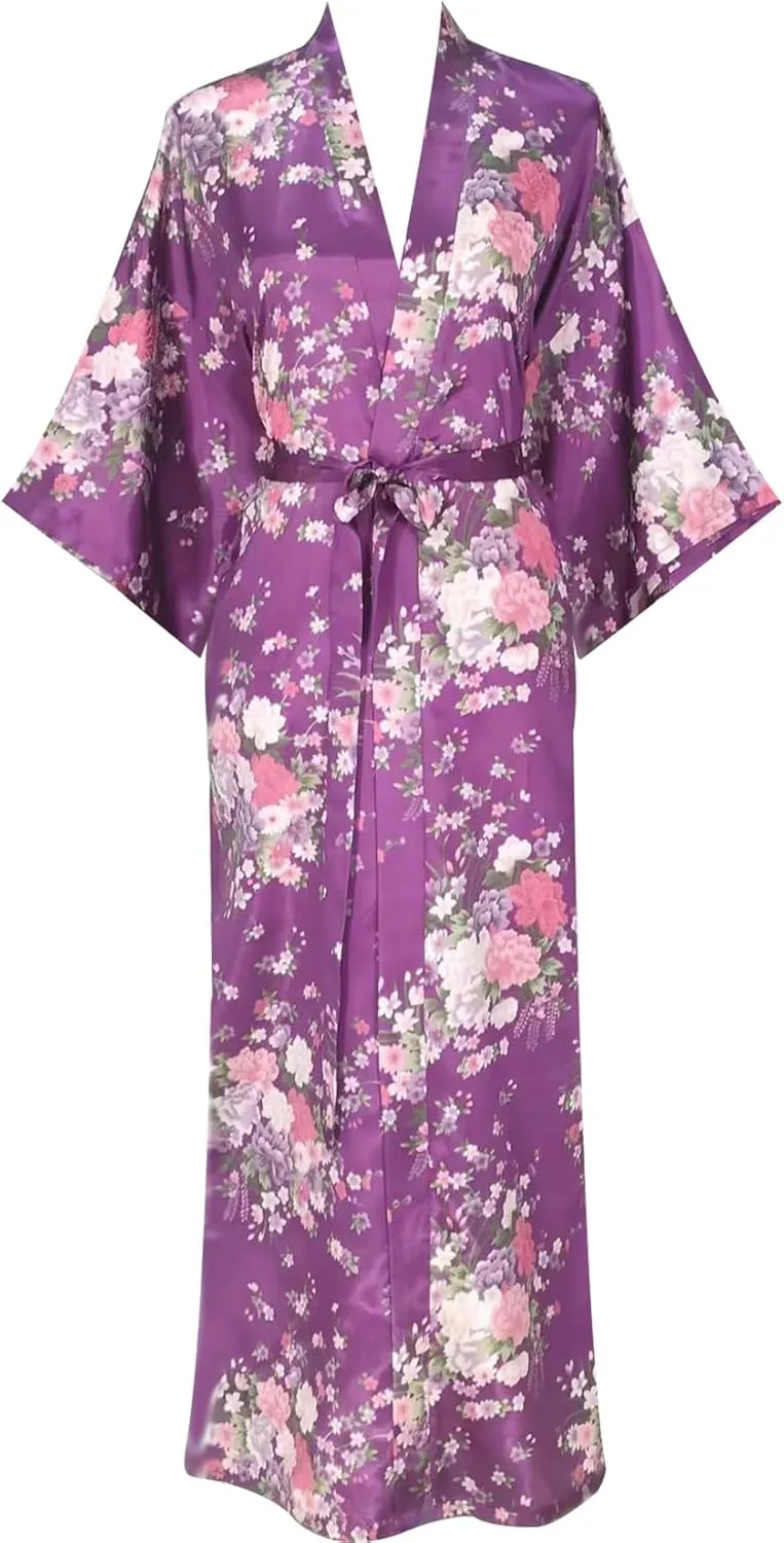 Women's Satin Kimono Robes, Bathrobes, Pajamas, Loungewear - Floral Pattern