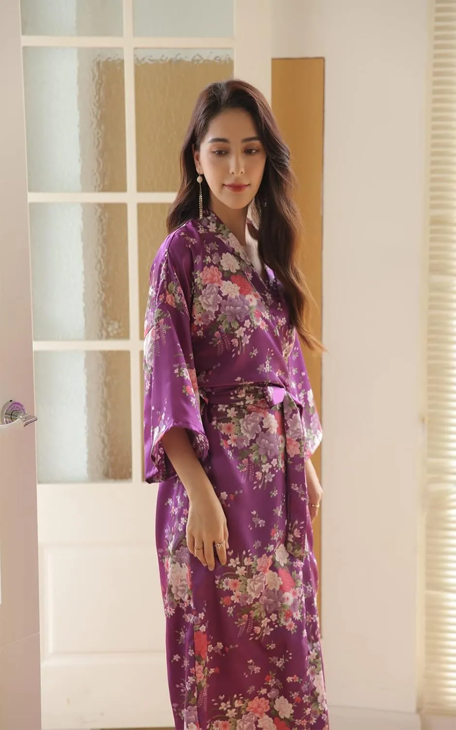 Women's Satin Kimono Robes, Bathrobes, Pajamas, Loungewear - Floral Pattern