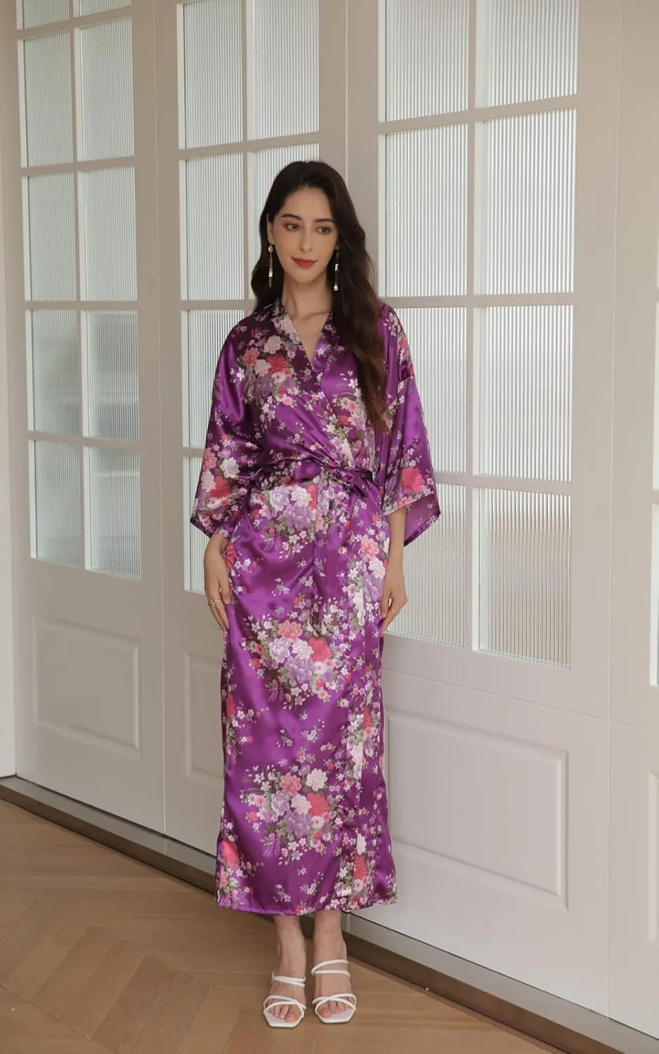 Women's Satin Kimono Robes, Bathrobes, Pajamas, Loungewear - Floral Pattern