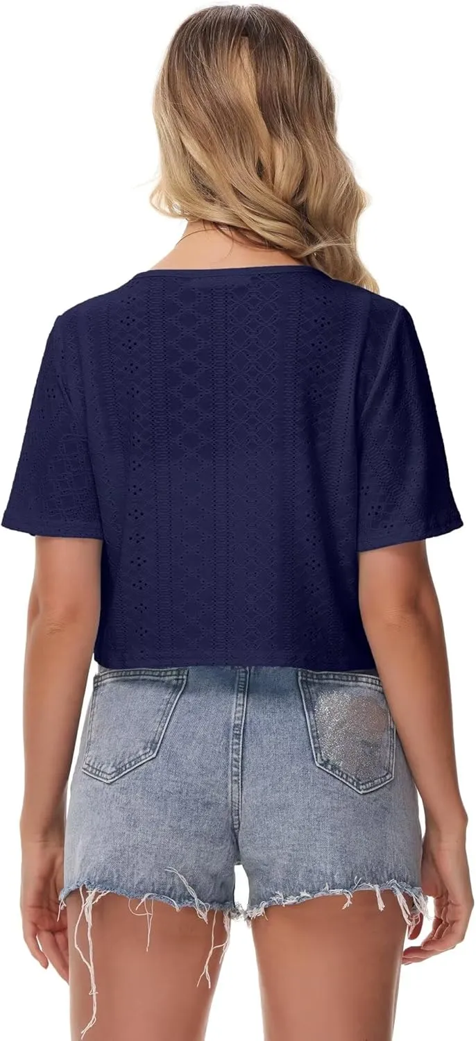 Womens Short Sleeve Shrug Knit Eyelet Embroidery Open Front Cropped Bolero Cardigan Shrugs for Dresses Lightweight