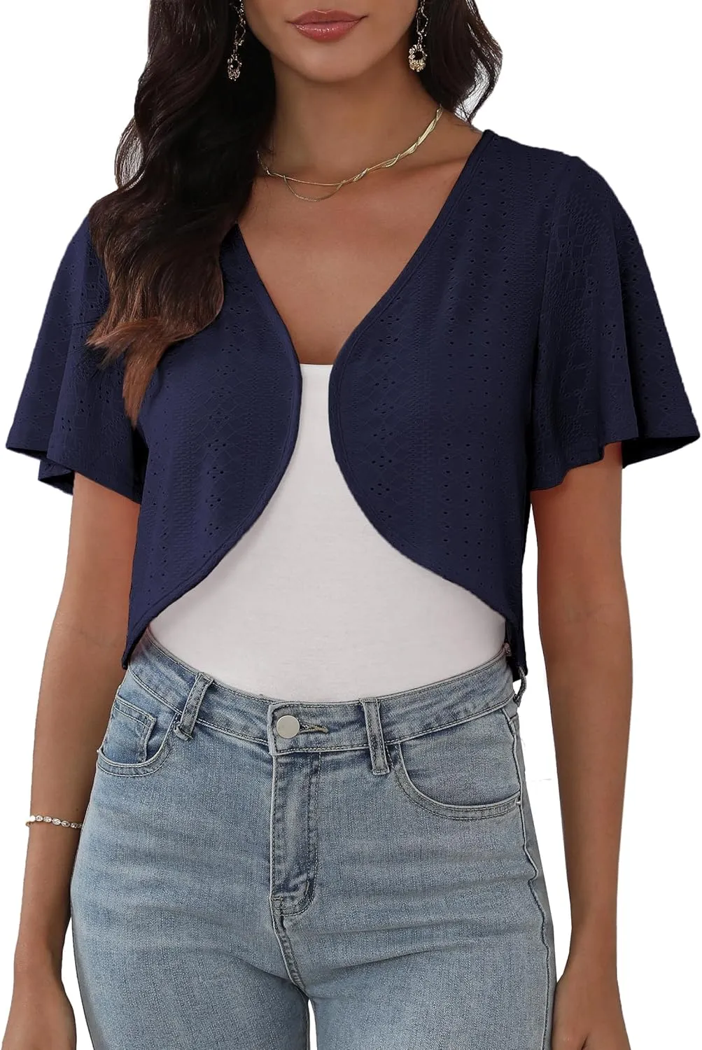 Womens Short Sleeve Shrug Knit Eyelet Embroidery Open Front Cropped Bolero Cardigan Shrugs for Dresses Lightweight