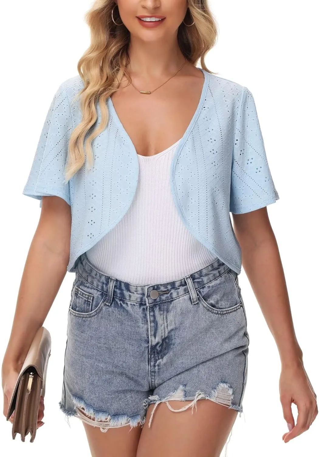 Womens Short Sleeve Shrug Knit Eyelet Embroidery Open Front Cropped Bolero Cardigan Shrugs for Dresses Lightweight