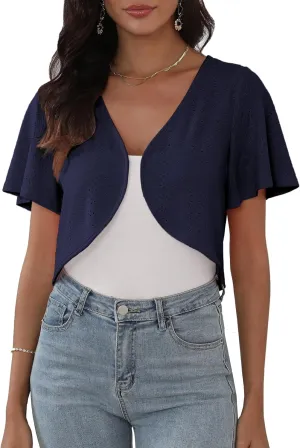 Womens Short Sleeve Shrug Knit Eyelet Embroidery Open Front Cropped Bolero Cardigan Shrugs for Dresses Lightweight