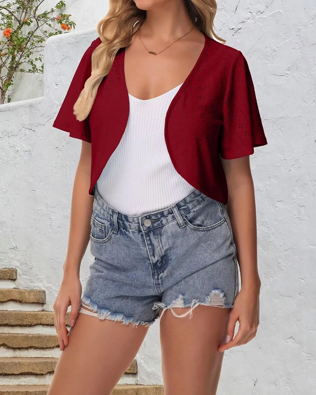 Womens Short Sleeve Shrug Knit Eyelet Embroidery Open Front Cropped Bolero Cardigan Shrugs for Dresses Lightweight