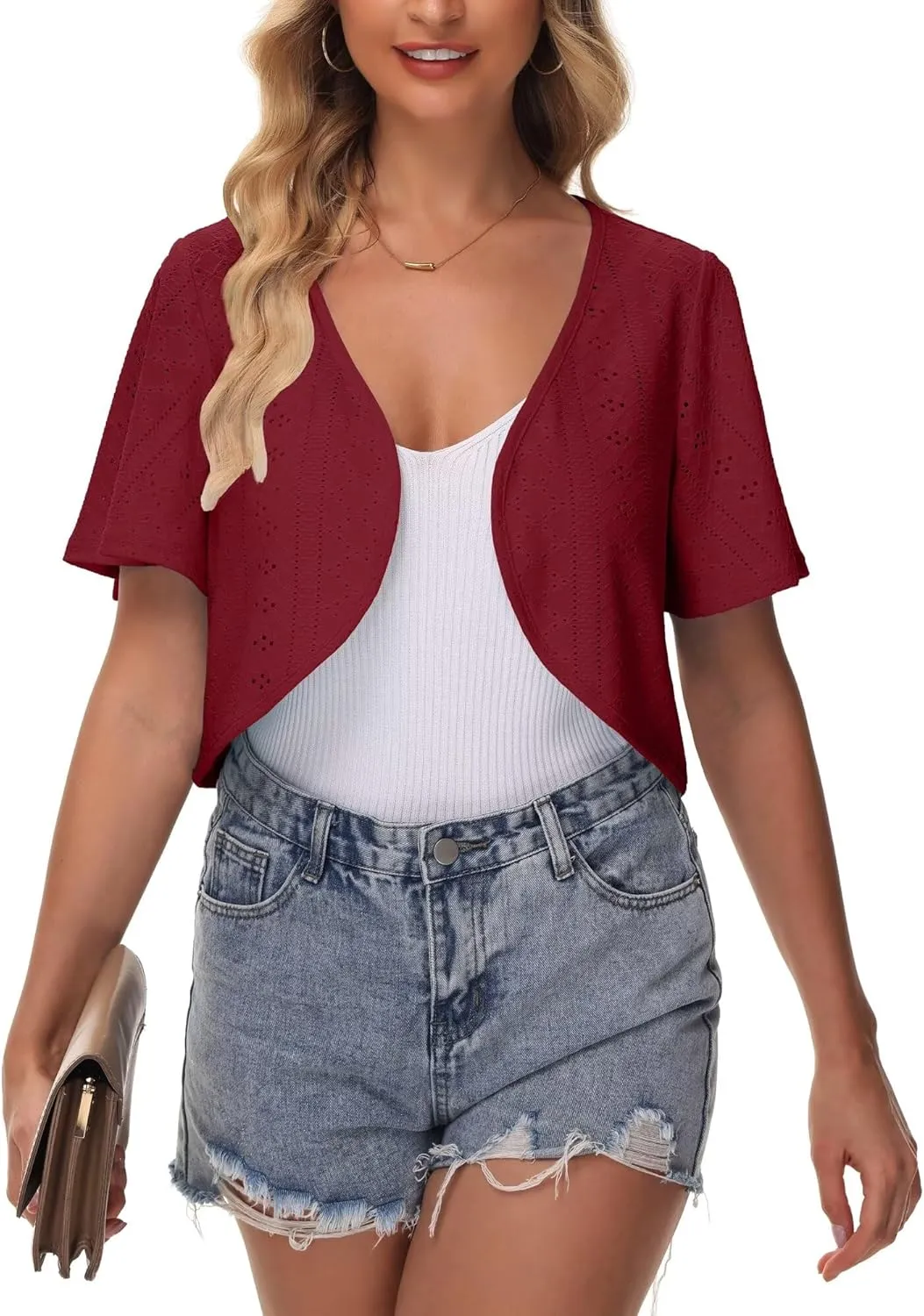 Womens Short Sleeve Shrug Knit Eyelet Embroidery Open Front Cropped Bolero Cardigan Shrugs for Dresses Lightweight