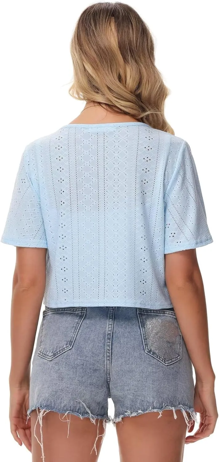Womens Short Sleeve Shrug Knit Eyelet Embroidery Open Front Cropped Bolero Cardigan Shrugs for Dresses Lightweight