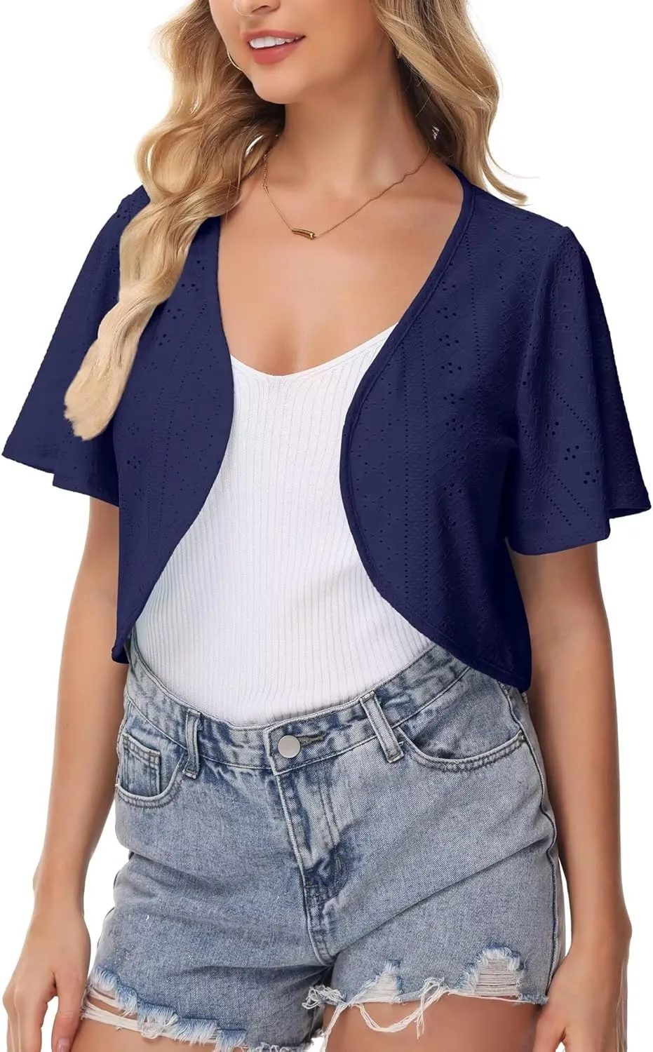 Womens Short Sleeve Shrug Knit Eyelet Embroidery Open Front Cropped Bolero Cardigan Shrugs for Dresses Lightweight