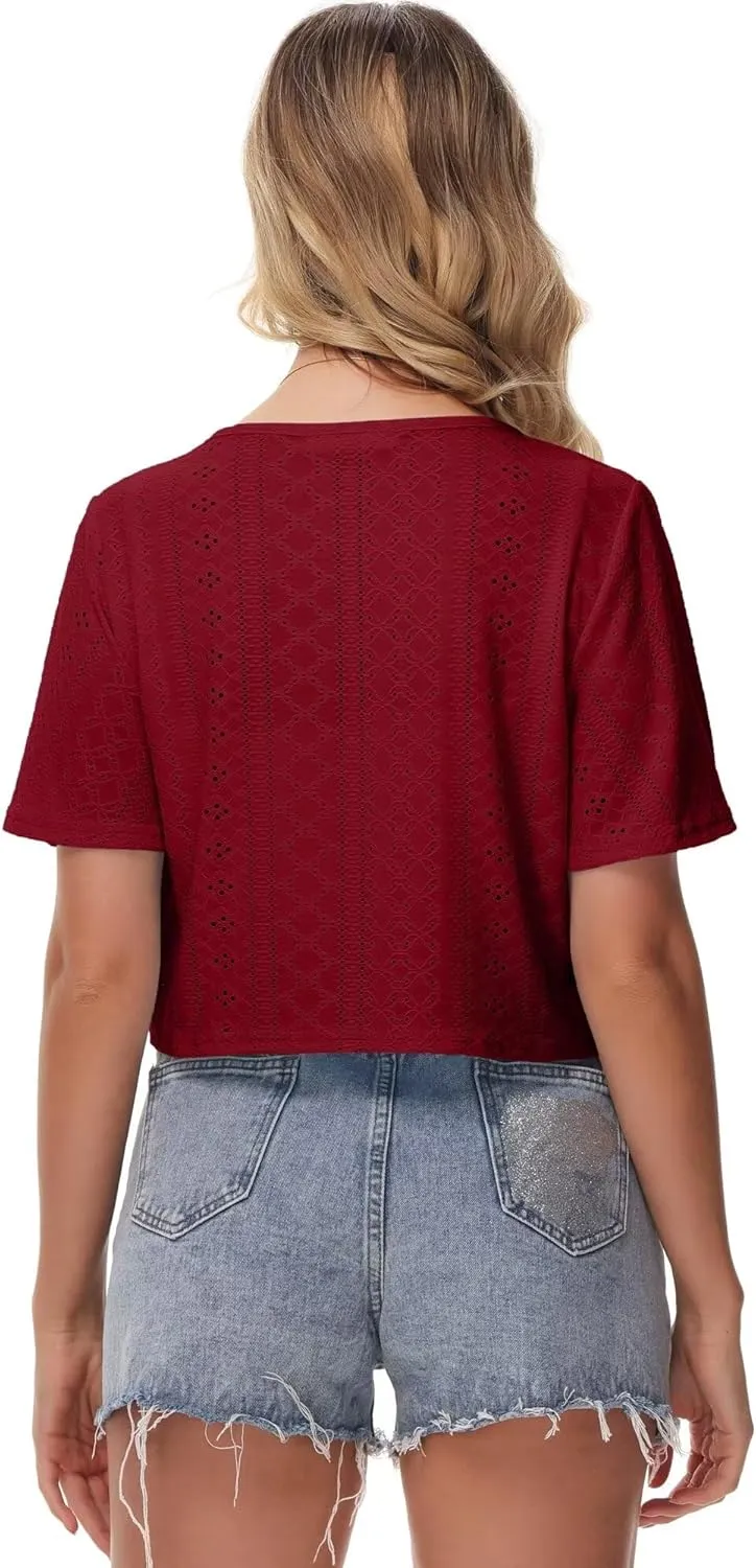 Womens Short Sleeve Shrug Knit Eyelet Embroidery Open Front Cropped Bolero Cardigan Shrugs for Dresses Lightweight
