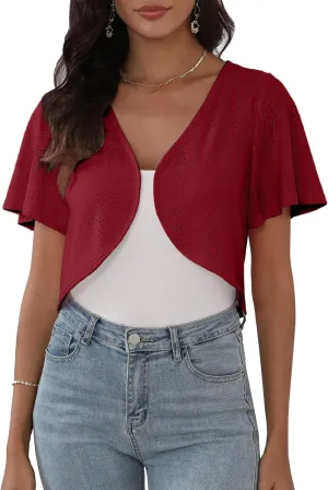 Womens Short Sleeve Shrug Knit Eyelet Embroidery Open Front Cropped Bolero Cardigan Shrugs for Dresses Lightweight