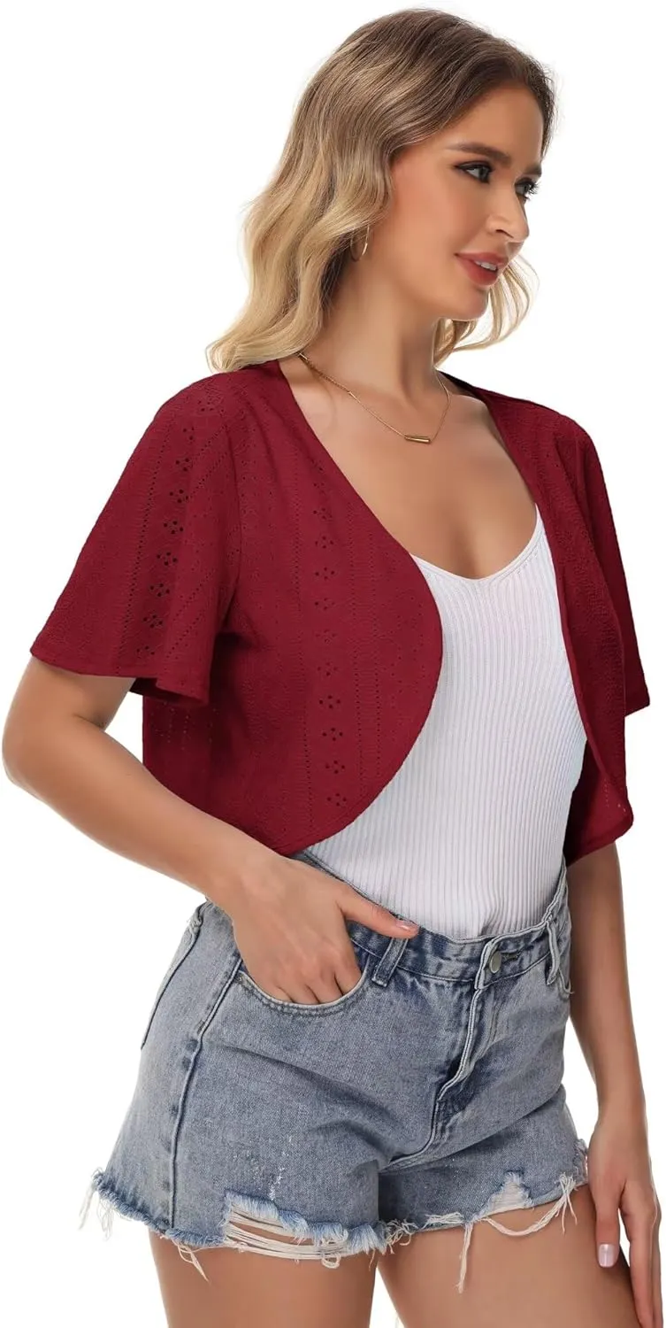 Womens Short Sleeve Shrug Knit Eyelet Embroidery Open Front Cropped Bolero Cardigan Shrugs for Dresses Lightweight