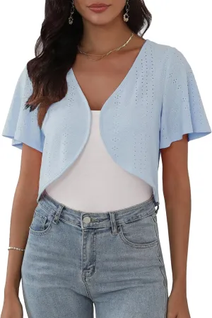 Womens Short Sleeve Shrug Knit Eyelet Embroidery Open Front Cropped Bolero Cardigan Shrugs for Dresses Lightweight