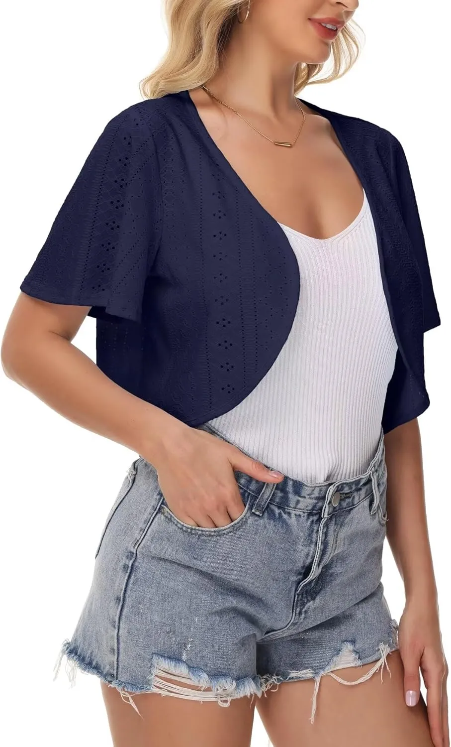 Womens Short Sleeve Shrug Knit Eyelet Embroidery Open Front Cropped Bolero Cardigan Shrugs for Dresses Lightweight
