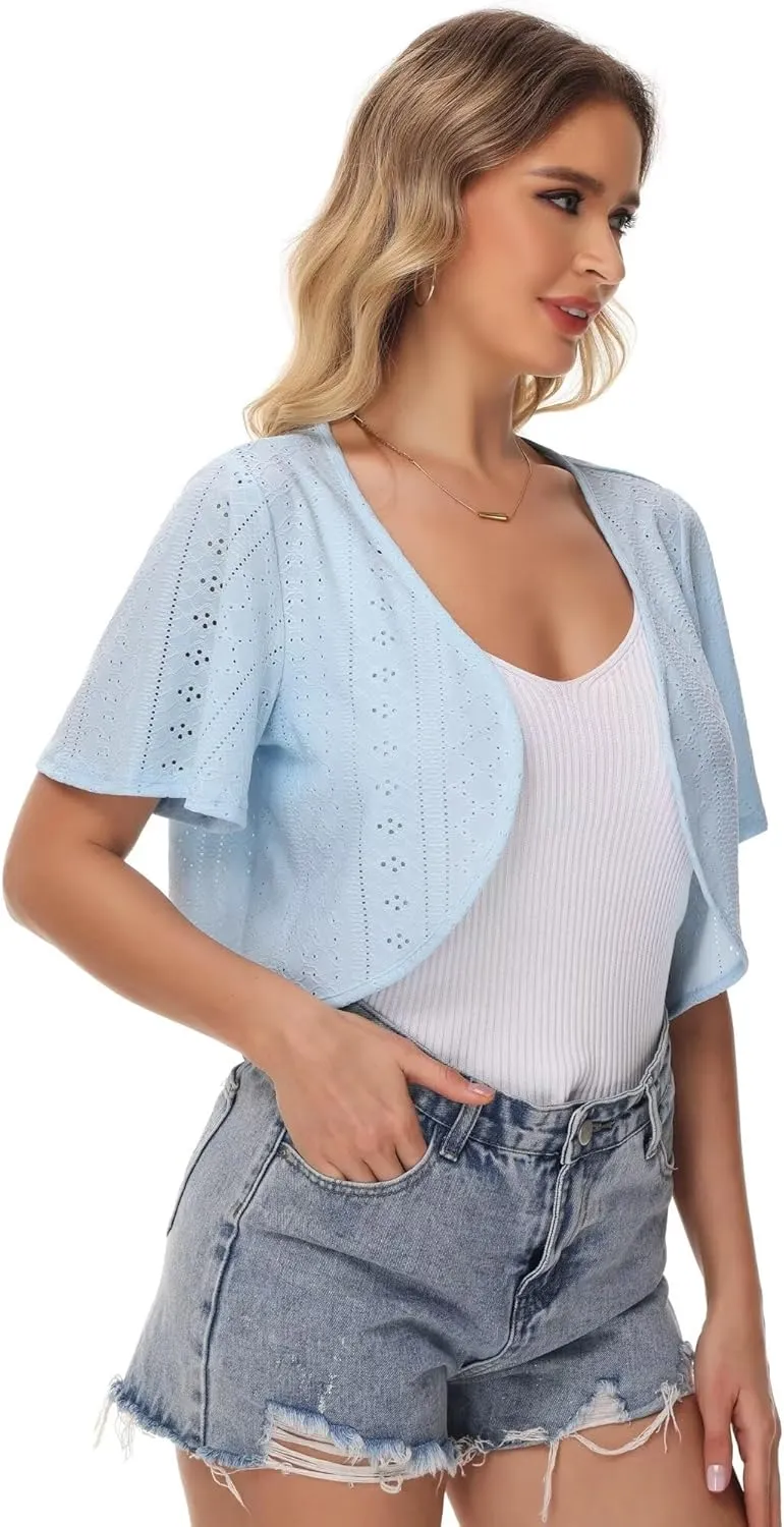 Womens Short Sleeve Shrug Knit Eyelet Embroidery Open Front Cropped Bolero Cardigan Shrugs for Dresses Lightweight