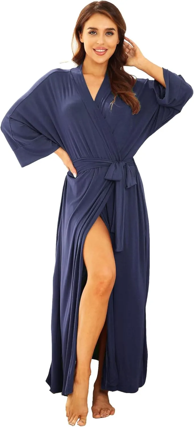 Women's Soft Robes Lightweight Kimono Loungewear Long Nightgown Knit Bathrobe Casual Sleepwear Pajamas with Pockets