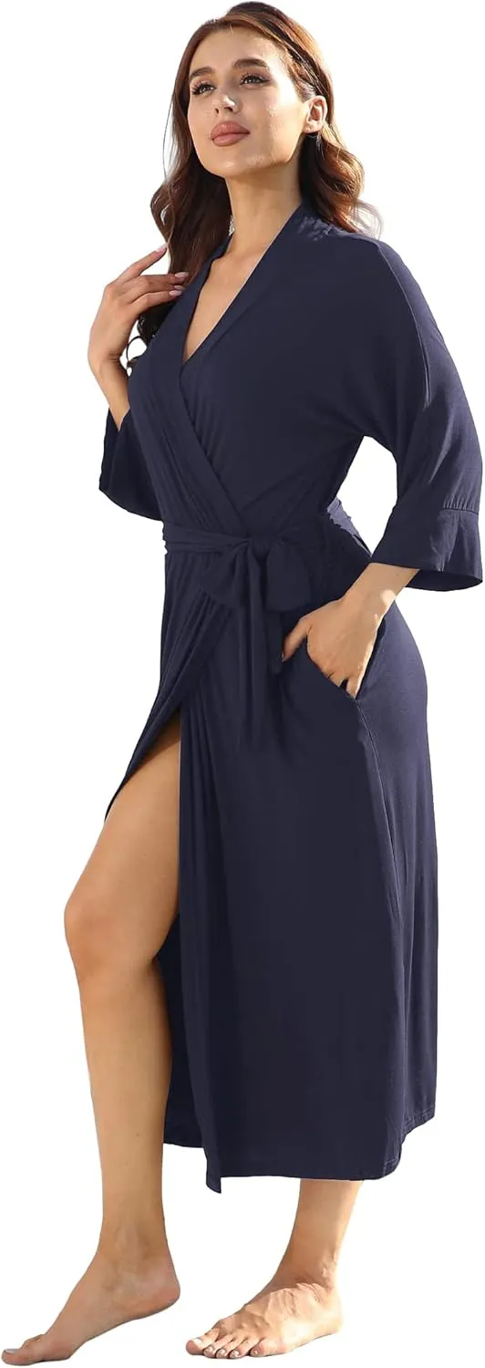 Women's Soft Robes Lightweight Kimono Loungewear Long Nightgown Knit Bathrobe Casual Sleepwear Pajamas with Pockets