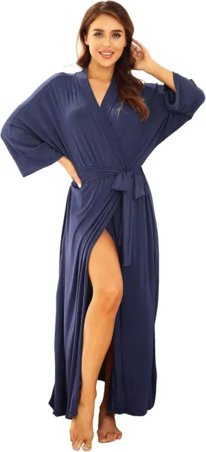Women's Soft Robes Lightweight Kimono Loungewear Long Nightgown Knit Bathrobe Casual Sleepwear Pajamas with Pockets