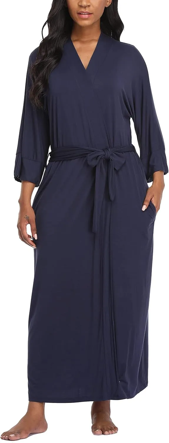 Women's Soft Robes Lightweight Kimono Loungewear Long Nightgown Knit Bathrobe Casual Sleepwear Pajamas with Pockets
