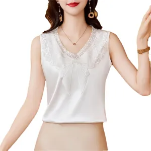 Women's Spring Summer Clothes Patchwork Lace Embroidered Tank Top Women Sleeveless Silk Satin Camisole Vest