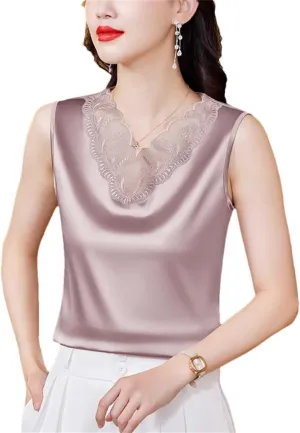 Women's Spring Summer Satin Camisole Shirt Sleeveless Tank Top for V-Neck Sexy Patchwork Lace Vest