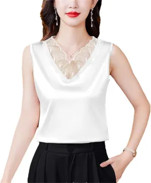 Women's Spring Summer Satin Camisole Shirt Sleeveless Tank Top for V-Neck Sexy Patchwork Lace Vest