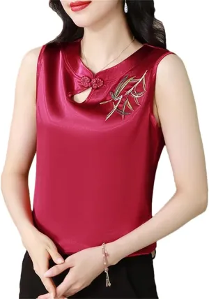 Women's Spring Summer Satin Camisole Slim Fit Sleeveless Retro Embroidered Vest Shirt