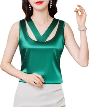 Women's Summer Camisole Tank Sleeveless Satin Vest Hollow Shirt
