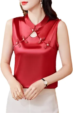 Women's Summer Camisole Vest Silk Satin Tank Tops Sleeveless Hollow Out Shirt