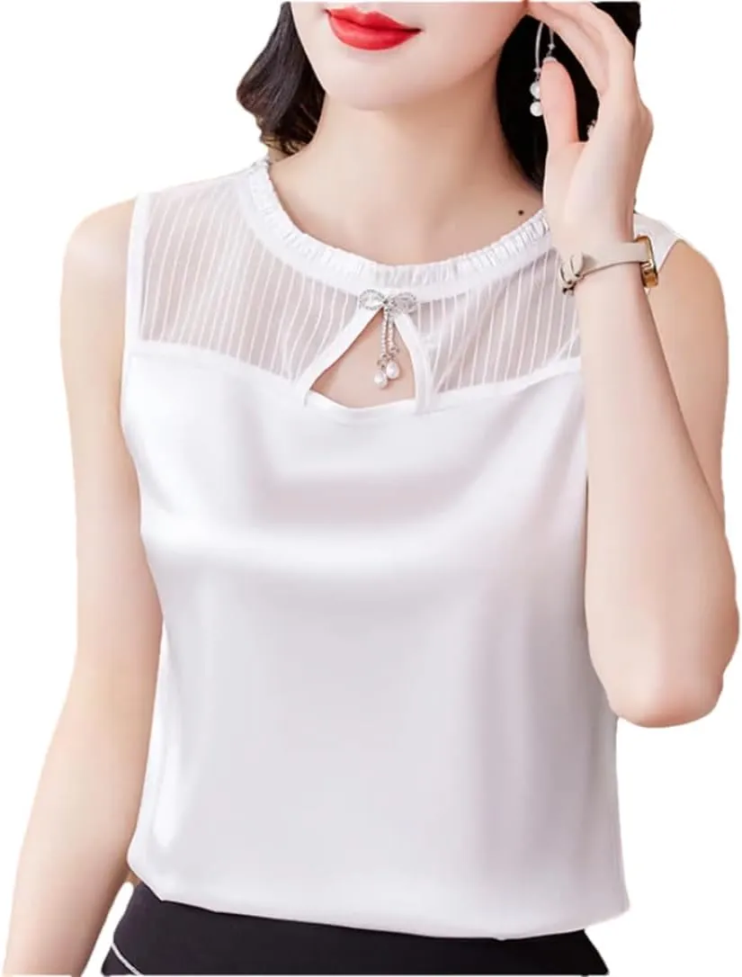 Women's Summer Tank Top Sleeveless Silk Satin Shirt Round Neck Hollow Out Patchwork Camisole Vest