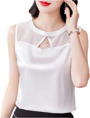 Women's Summer Tank Top Sleeveless Silk Satin Shirt Round Neck Hollow Out Patchwork Camisole Vest