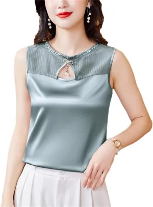 Women's Summer Tank Top Sleeveless Silk Satin Shirt Round Neck Hollow Out Patchwork Camisole Vest