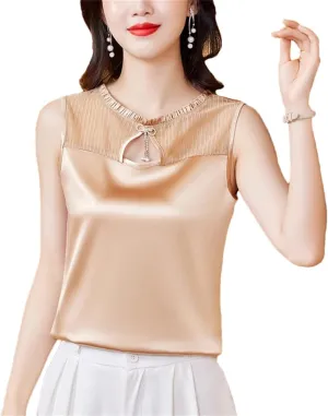 Women's Summer Tank Top Sleeveless Silk Satin Shirt Round Neck Hollow Out Patchwork Camisole Vest