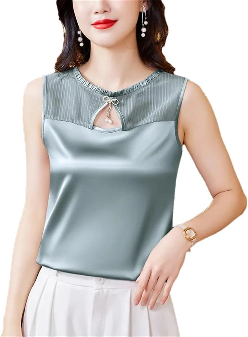 Women's Summer Tank Top Sleeveless Silk Satin Shirt Round Neck Hollow Out Patchwork Camisole Vest