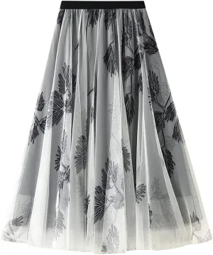 Women's Tulle Skirt Pleated LengthTutu Skirts Elastic High Waist Elegant Ink and Water Flower Floral Printed Mesh Lady A Line Midi Skirt (Color : Gray, Size : One Size)