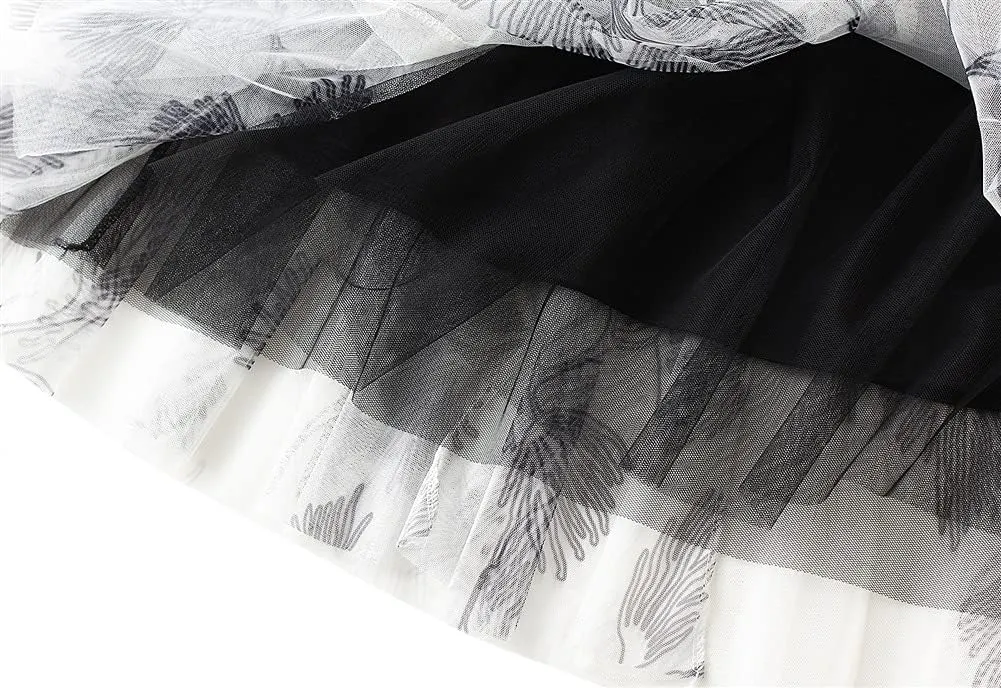 Women's Tulle Skirt Pleated LengthTutu Skirts Elastic High Waist Elegant Ink and Water Flower Floral Printed Mesh Lady A Line Midi Skirt (Color : Gray, Size : One Size)