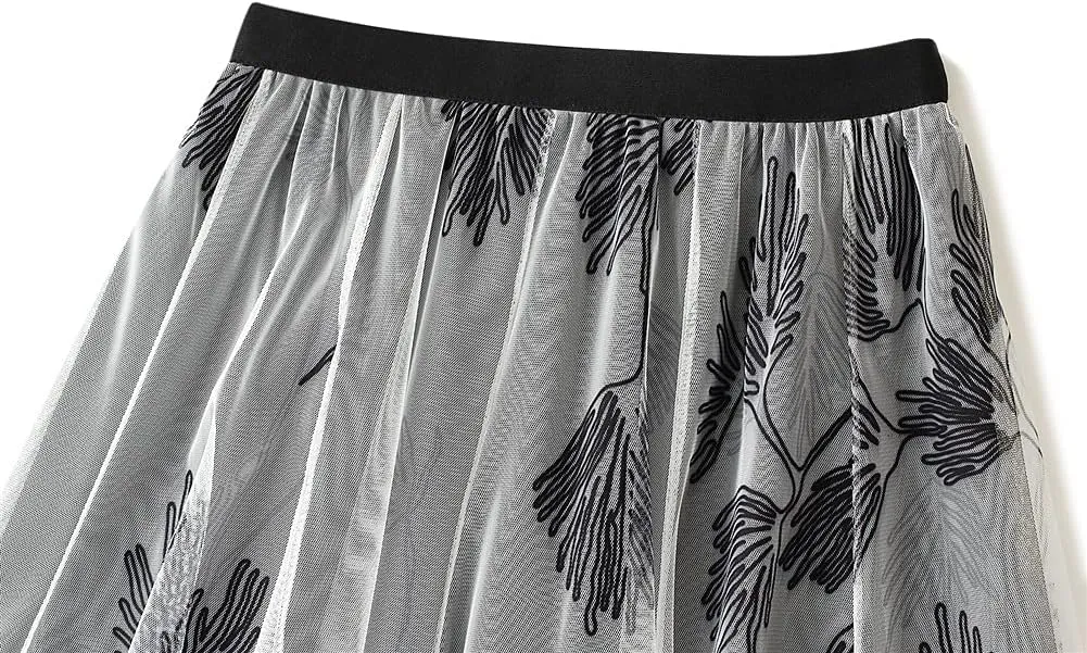 Women's Tulle Skirt Pleated LengthTutu Skirts Elastic High Waist Elegant Ink and Water Flower Floral Printed Mesh Lady A Line Midi Skirt (Color : Gray, Size : One Size)
