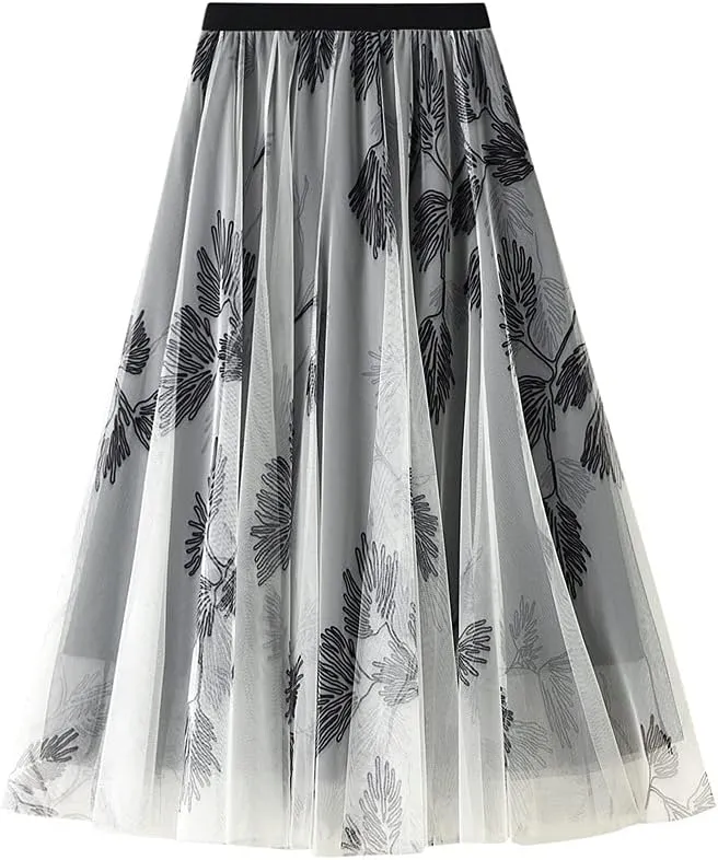 Women's Tulle Skirt Pleated LengthTutu Skirts Elastic High Waist Elegant Ink and Water Flower Floral Printed Mesh Lady A Line Midi Skirt (Color : Gray, Size : One Size)