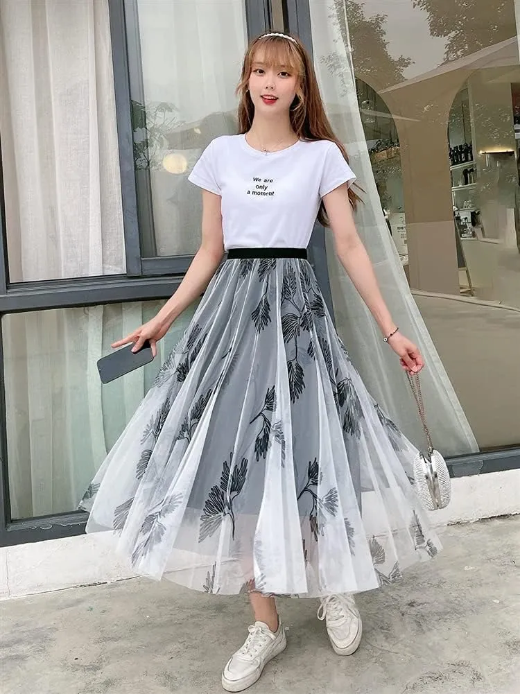 Women's Tulle Skirt Pleated LengthTutu Skirts Elastic High Waist Elegant Ink and Water Flower Floral Printed Mesh Lady A Line Midi Skirt (Color : Gray, Size : One Size)