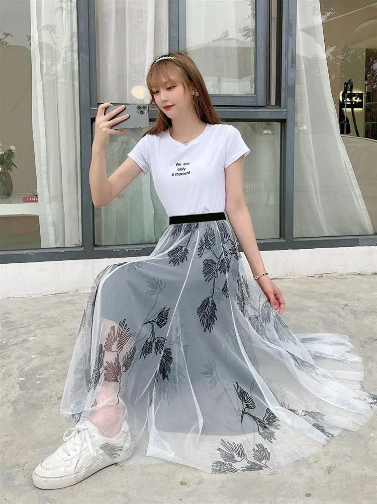 Women's Tulle Skirt Pleated LengthTutu Skirts Elastic High Waist Elegant Ink and Water Flower Floral Printed Mesh Lady A Line Midi Skirt (Color : Gray, Size : One Size)