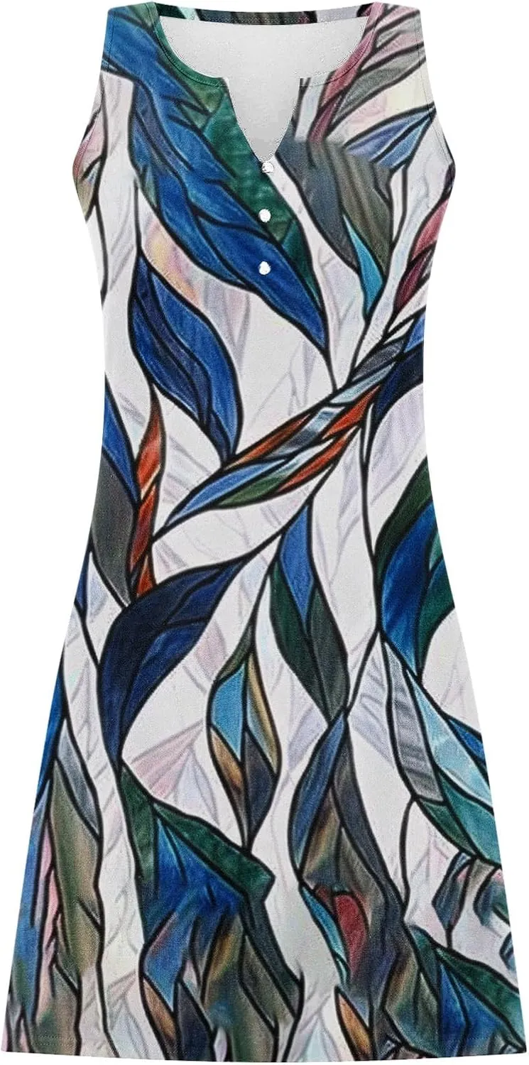 Womens Vintage Floral Button V Neck Tank Dress Summer Casual Loose Sleeveless Tunic Mini Dresses A Line Swing Sundress
