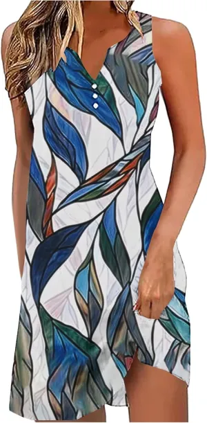 Womens Vintage Floral Button V Neck Tank Dress Summer Casual Loose Sleeveless Tunic Mini Dresses A Line Swing Sundress