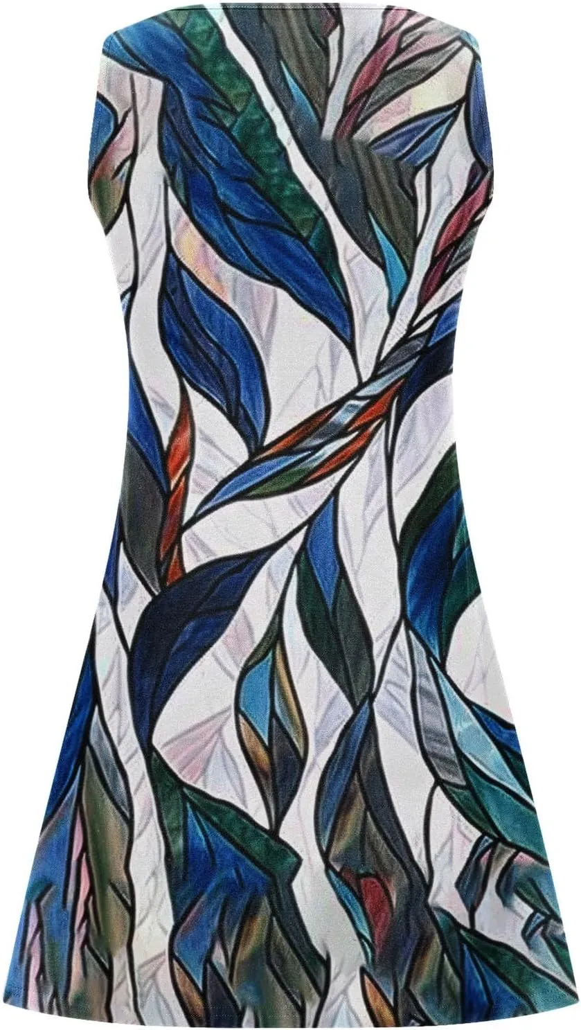 Womens Vintage Floral Button V Neck Tank Dress Summer Casual Loose Sleeveless Tunic Mini Dresses A Line Swing Sundress