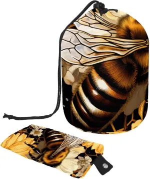 Yellow Bee Print Travel Cosmetic Bags Makeup Bag for Women, Foldable Drawstring Travel Cosmetic Bags, Portable Toiletry Bucket Bag