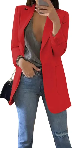 YMING Womens Solid Color Open Front Blazer Long Sleeve Office Jacket Work Cardigan with Pockets Plus Size