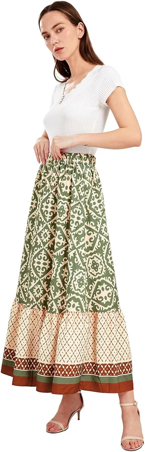 yoeasy Women's Printed Pleated Hem Long Skirt Elastic High Waist Flowy Swing A Line Long Skirt